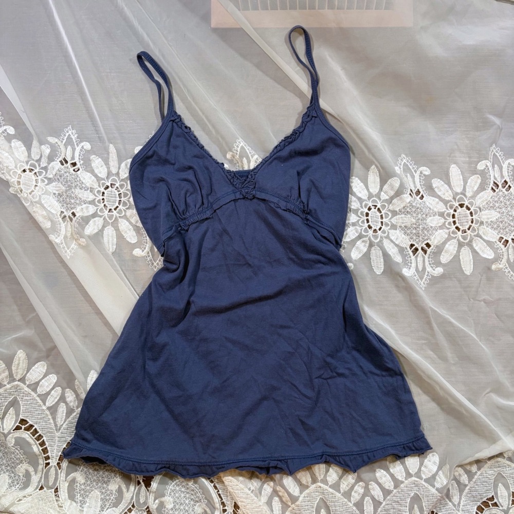Y2K Babydoll Cotton Navy Blue 100% Cotton Ruffle Empire Waist Cami Top USA